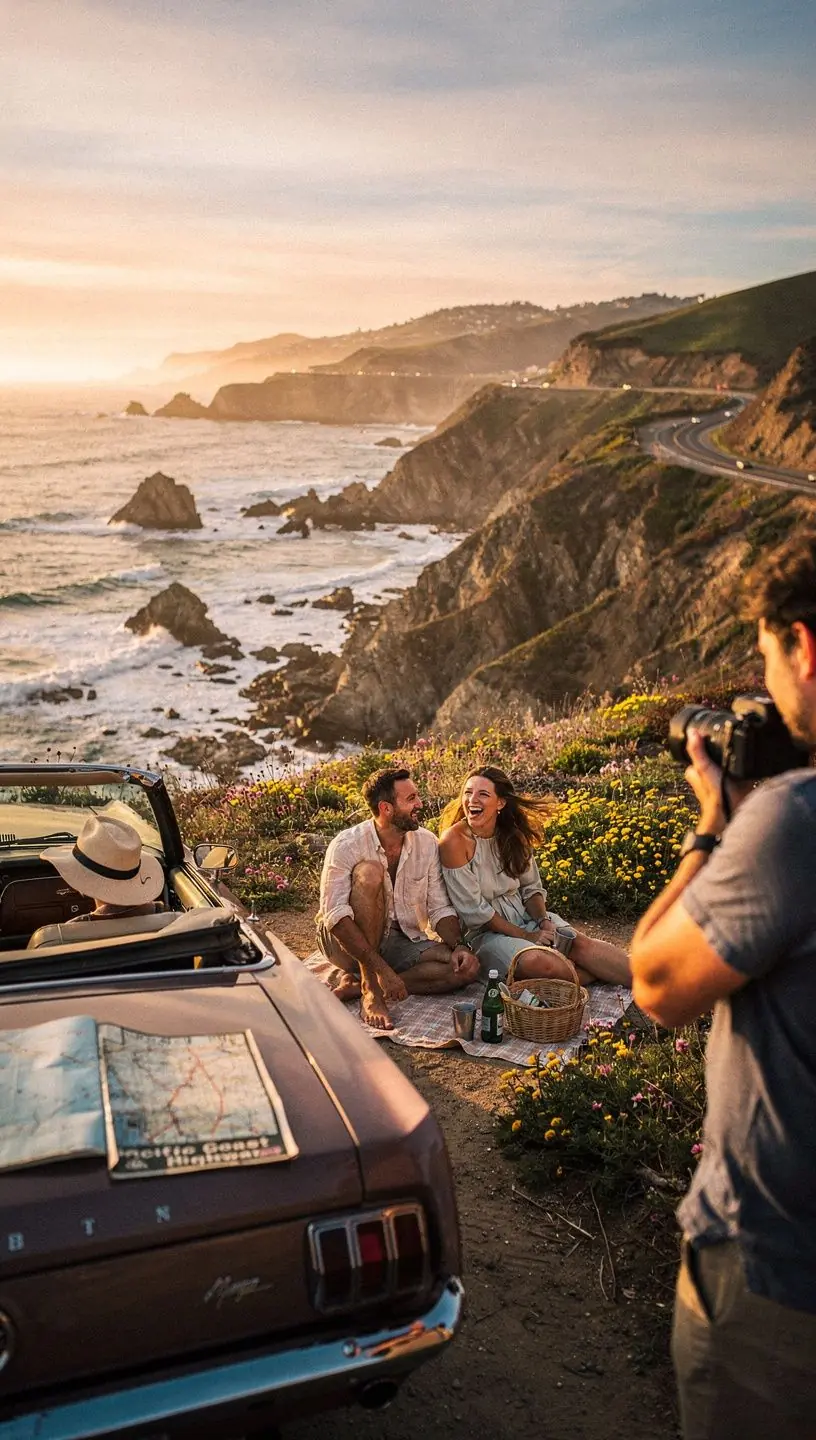 Дорога, извивающаяся через леса, полные зелени и цветущих деревьев.