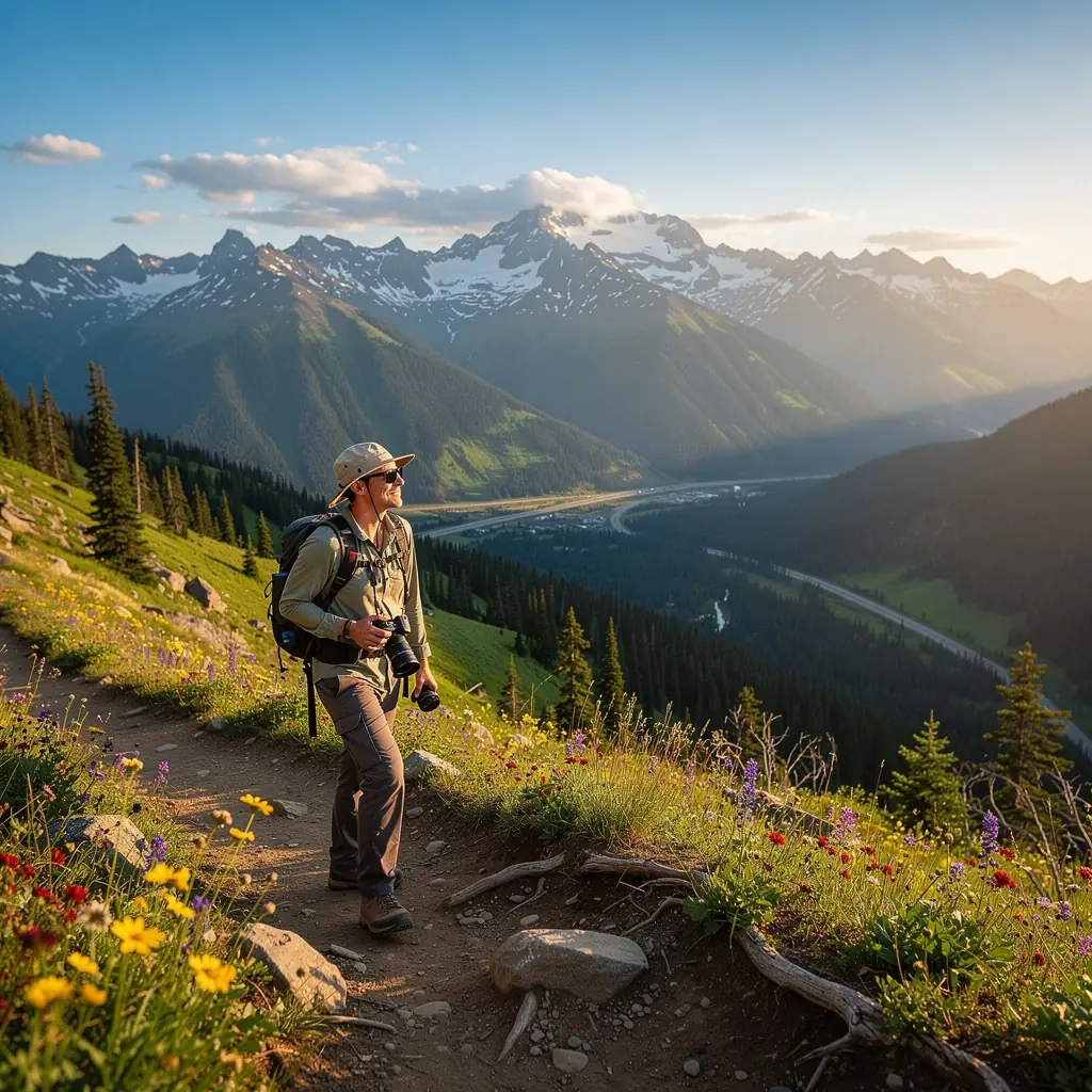 Лесная дорога, усыпанная цветами, ведущая к живописному озеру.