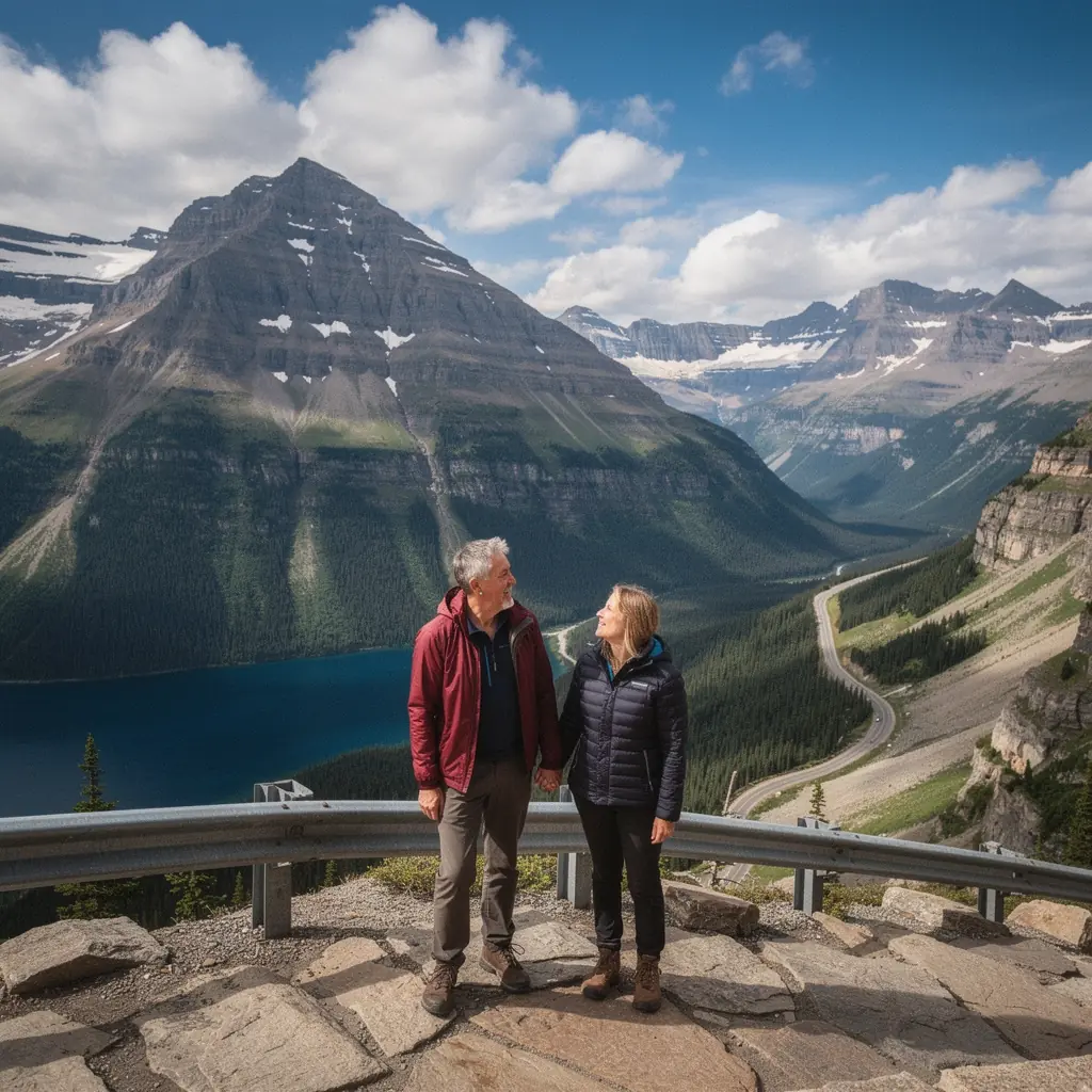 Зимний пейзаж с заснеженными деревьями и дорогой, ведущей к уютному горному курорту.