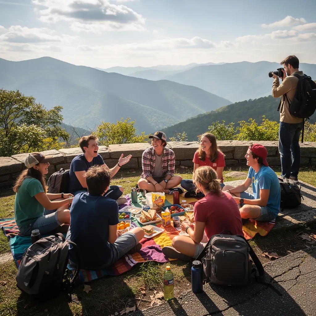 Автомобиль, движущийся по живописному маршруту, окруженному яркими осенними листьями.