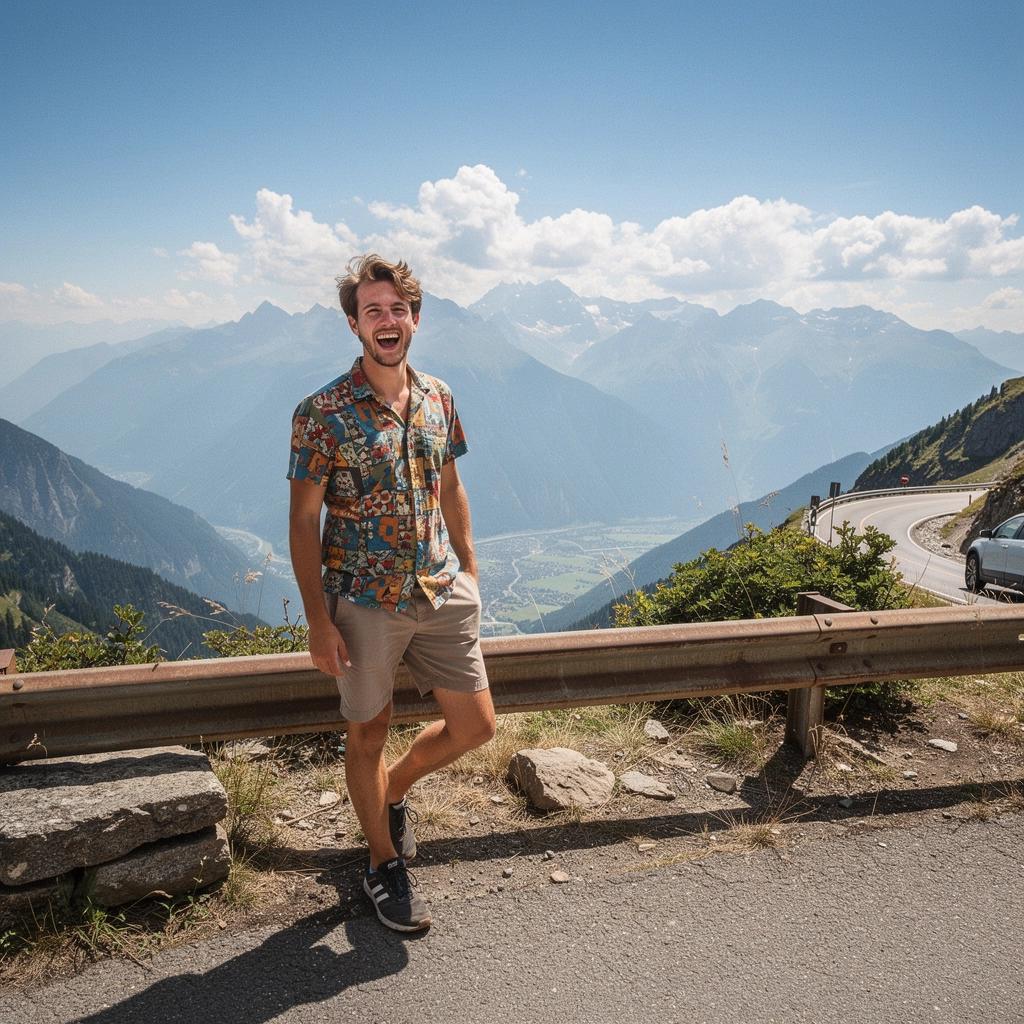 Классический автомобиль, припаркованный на смотровой площадке с видом на горы.